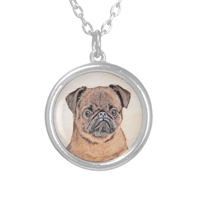 Brussels Griffon Smooth Painting Original Dog Art Silver Plated Necklace (Front)
