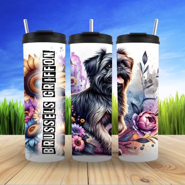 Brussels Griffon's Whimsical Floral Charm Thermal Tumbler (Creator Uploaded)
