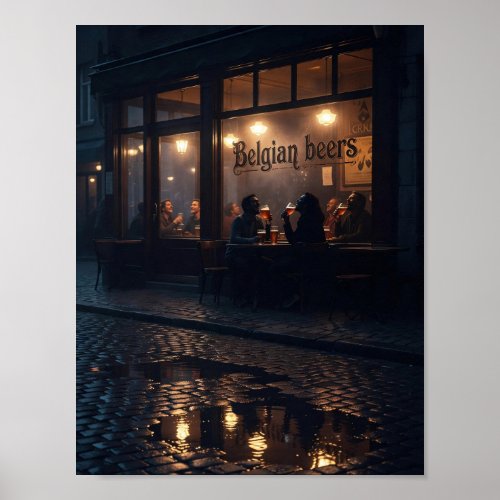 Brussels Rainy Night Alehouse Glow Poster
