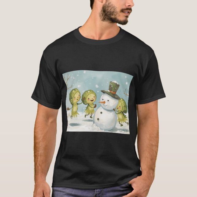 Brussels Sprouts Dancing Around Snowman T-Shirt (Front)