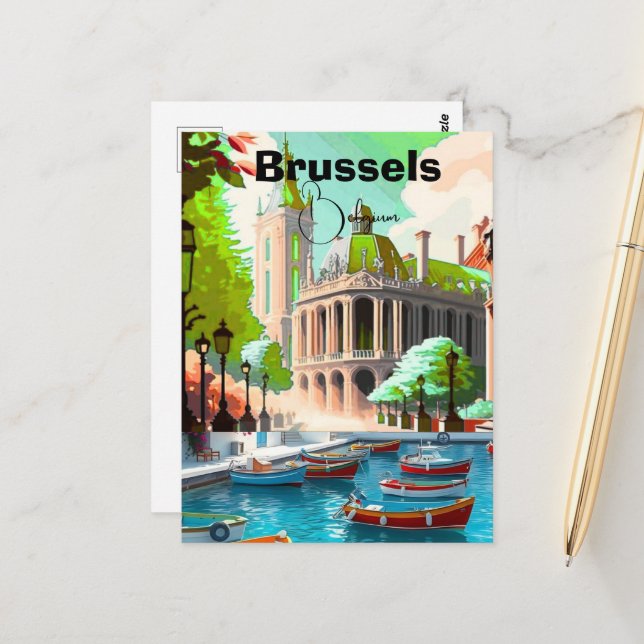 Brussels Travel Art postcard, Belgium Travel Art,  Postcard (Front/Back In Situ)