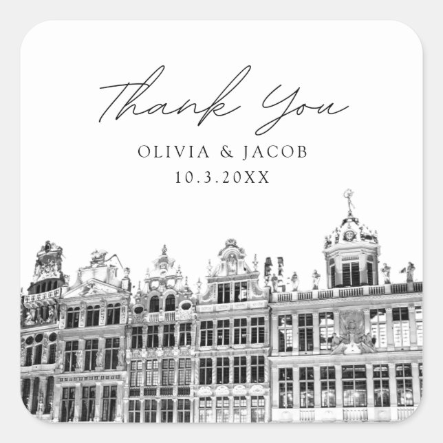 Brussels Wedding Black & White Favor Thank You Square Sticker (Front)