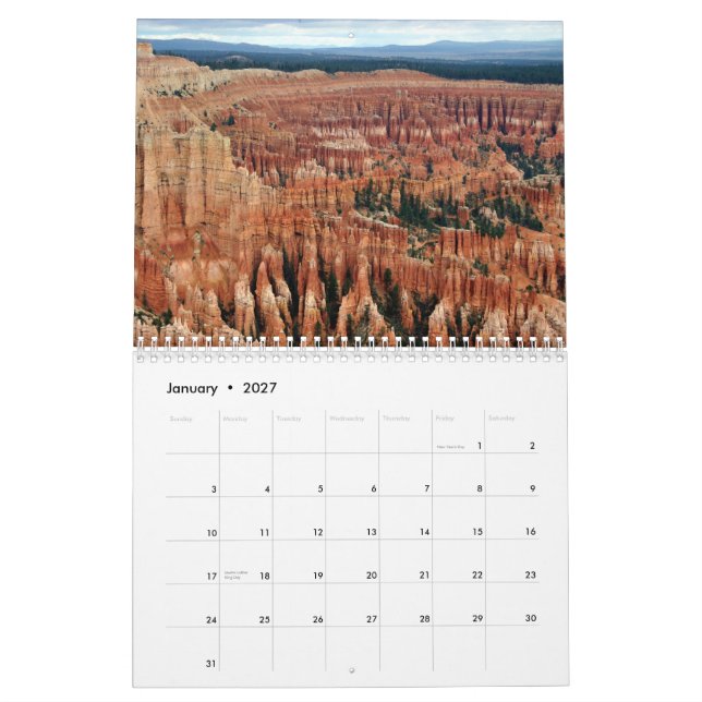 BRYCE CANYON CALENDAR (Jan 2027)