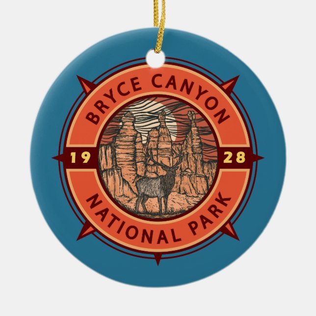 Bryce Canyon National Park Elk Retro Compass Ceramic Ornament (Front)