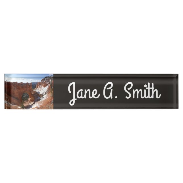 Bryce Canyon Natural Bridge Snowy Landscape Photo Desk Name Plate (Front)
