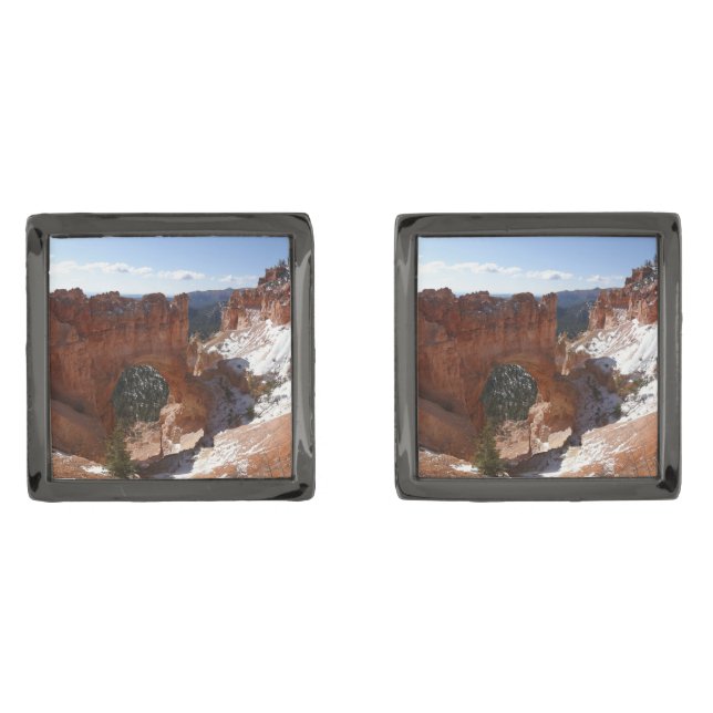 Bryce Canyon Natural Bridge Snowy Landscape Photo Gunmetal Finish Cufflinks (Front)