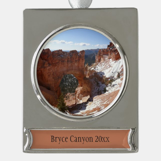 Bryce Canyon Natural Bridge Snowy Landscape Photo Silver Plated Banner Ornament (Front)