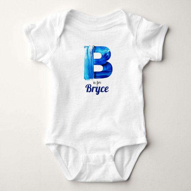 Bryce Name Reveal Letter Boy Blue Paint Newborn Baby Bodysuit (Front)