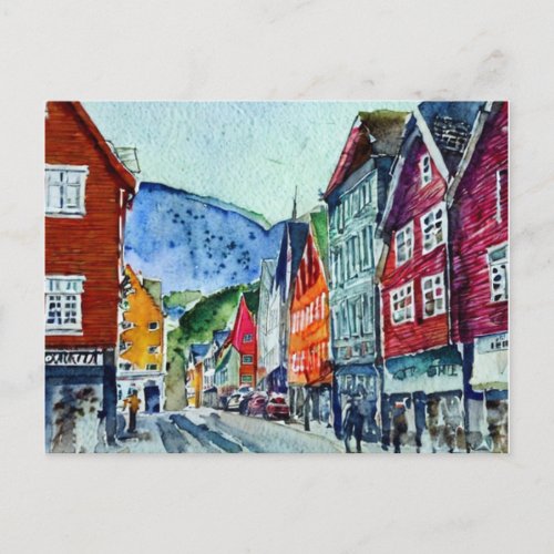bryggen bergen norway street watercolor postcard