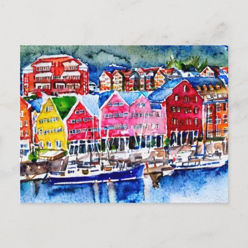 bryggen bergen norway watercolor postcard