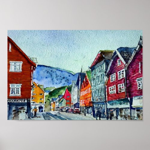 bryggen bergen norway watercolor poster