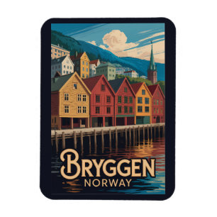 Bryggen Norway Illustration Travel Art Bergen Magnet