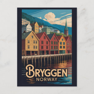 Bryggen Norway Illustration Travel Art Bergen Postcard