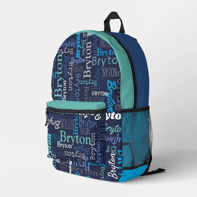 Bryton personalized name dark blue cyan aqua printed backpack (Back Corner Right)