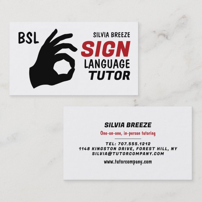 BSL, Okay Gesture, Sign Language Tutor, Teacher Business Card (Front/Back)