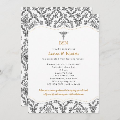BSN Black with Gold accents graduation party RN Invitation