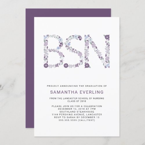 BSN graduation celebration floral nurse purple Invitation