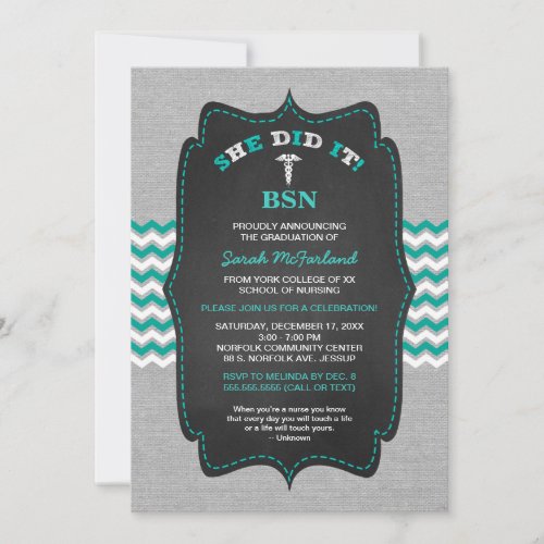 BSN Nurse graduation invites teal grey chalkboard Invitation