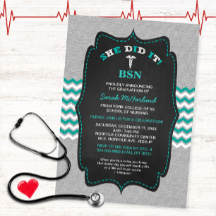 BSN Nurse graduation invites, teal grey chalkboard Invitation