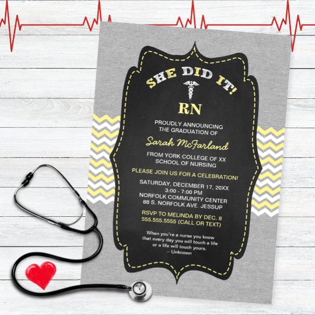 BSN Nurse graduation invites, yellow chalkboard Invitation (Creator Uploaded)