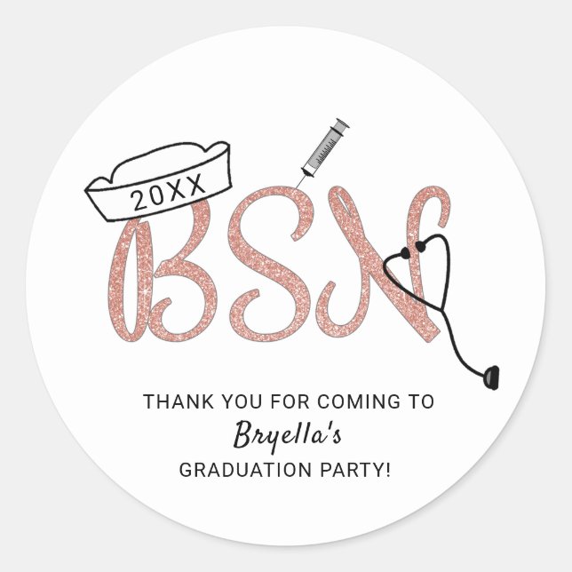 BSN nurse graduation party thank you favor sticker (Front)