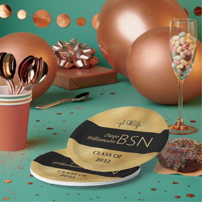 BSN NURSE Graduation RN LPN Name Black Faux Gold Paper Plates (Multi)