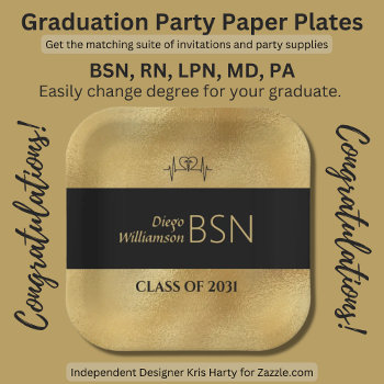 Bsn Nurse Graduation Rn Lpn Name Black Faux Gold Paper Plates by KrisHarty at Zazzle