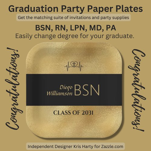 BSN NURSE Graduation RN LPN Name Black Faux Gold Paper Plates