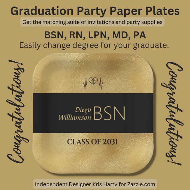 BSN NURSE Graduation RN LPN Name Black Faux Gold Paper Plates (Creator Uploaded)