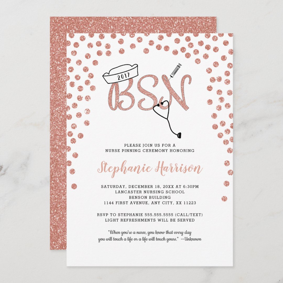 BSN nurse graduation rose gold confetti pinning Invitation | Zazzle