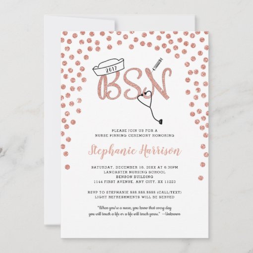 BSN nurse graduation rose gold confetti pinning Invitation | Zazzle