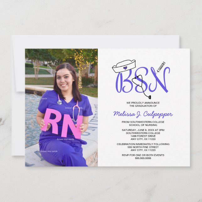 BSN Nurse photo graduation pinning party / purple Invitation (Front)