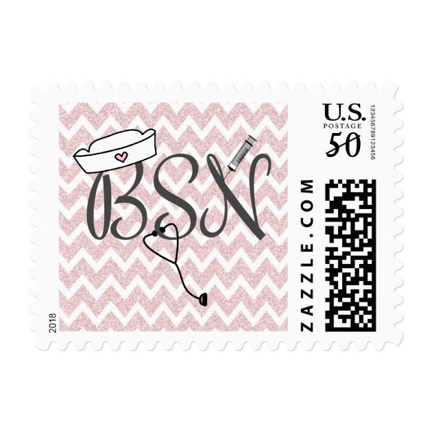 BSN Nurse Postage Stamp Pink Glitter Chevron