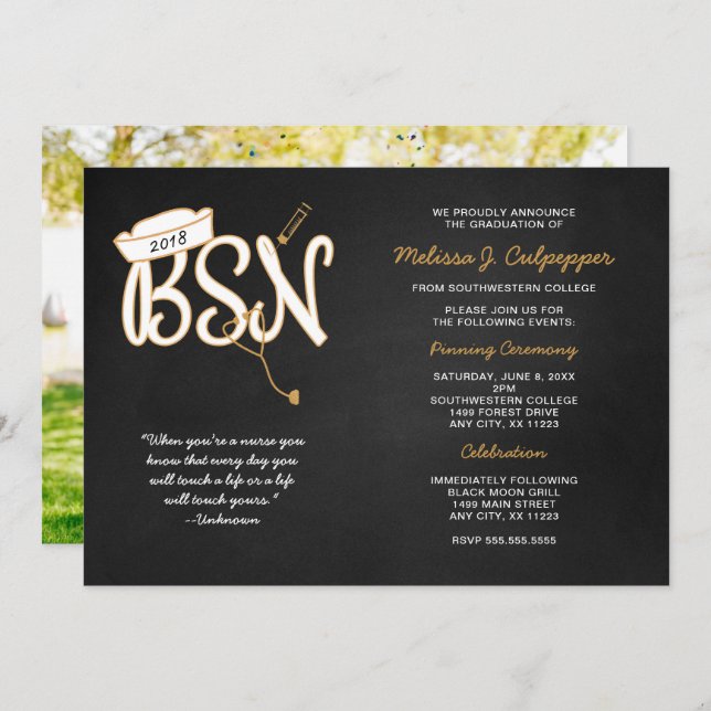 BSN photo graduation pinning party, black gold Invitation (Front/Back)