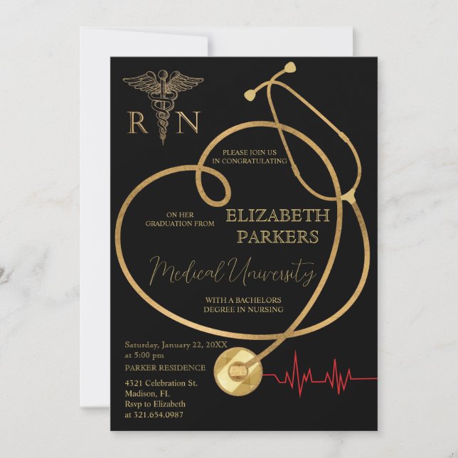 BSN RN Black Gold Nursing Graduation Party Invitation (Front)