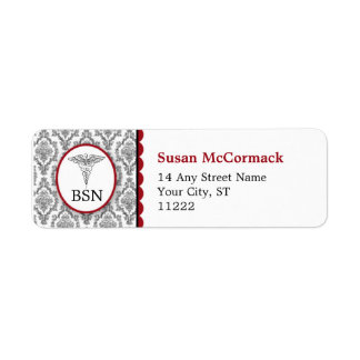 BSN RN LPN Damask Caduceus Black Burgundy Label