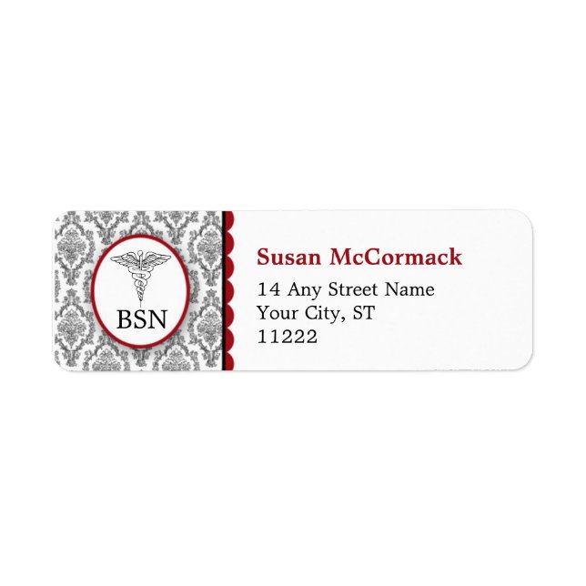 BSN RN LPN Damask Caduceus Black Burgundy Label (Front)