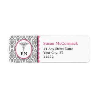 BSN RN LPN Damask Caduceus Black Hot pink Label