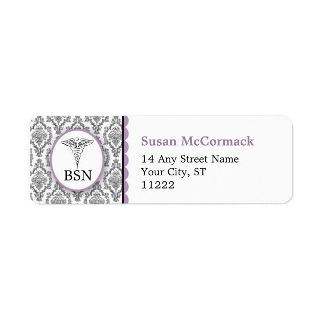 BSN RN LPN Damask Caduceus Black Lavender Label