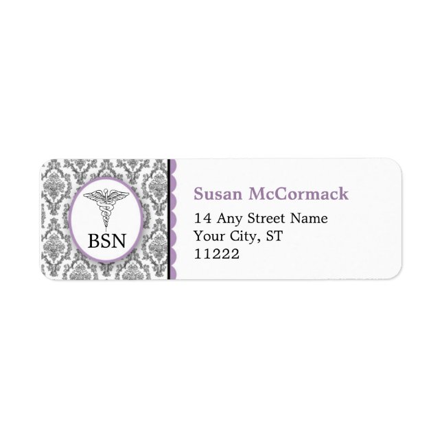 BSN RN LPN Damask Caduceus Black Lavender Label (Front)