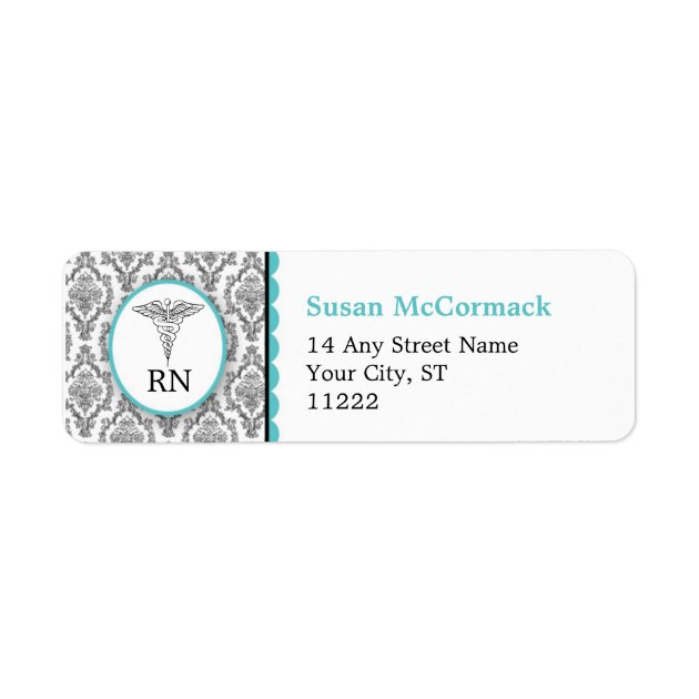 BSN RN LPN Damask Caduceus Black Turquoise Label