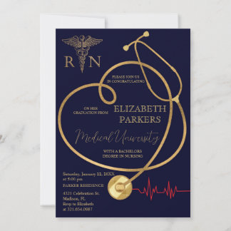BSN RN Navy Gold Nursing Graduation Party Invitation