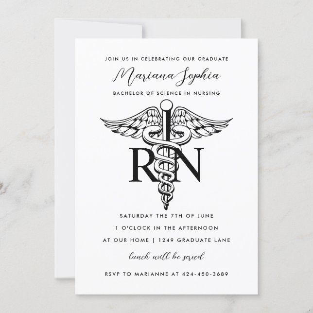 BSN RN Nurse Graduation Black and White Invitation (Front)