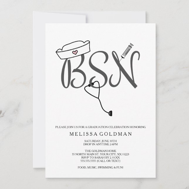 BSN RN nurse graduation invites simply stated (Front)