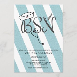 BSN RN nurse graduation invites teal blue glitter