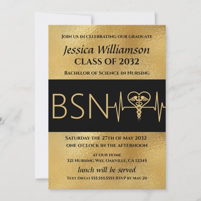BSN RN Nurse Graduation Party Announcement Gold (Front)
