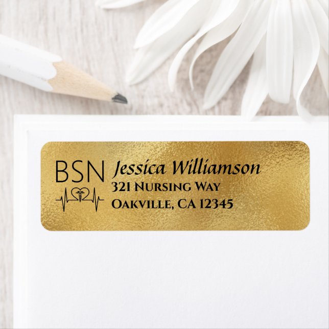 BSN RN Nurse Graduation Party Black Gold Address Label (Insitu)