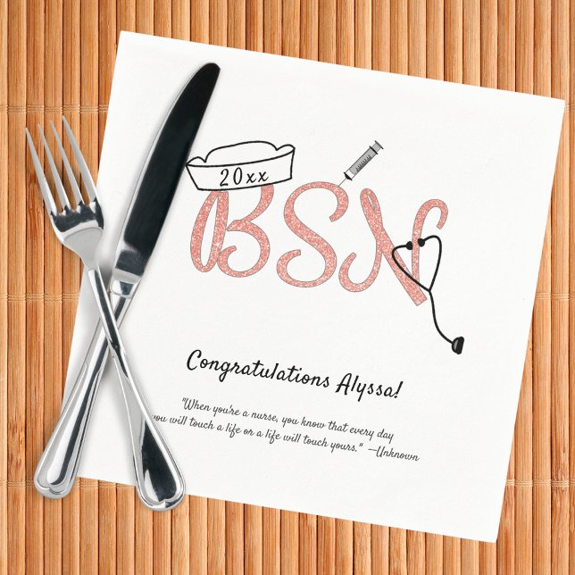 BSN Rose Gold Glitter nurse graduation party decor Napkins (Creator Uploaded)