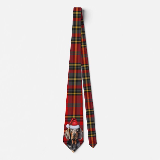 BT Coonhound Dog Lover Red Green Plaid Christmas Neck Tie (Front)
