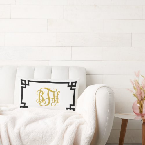 BTH Black and Gold Greek Key Script Monogram Lumbar Pillow